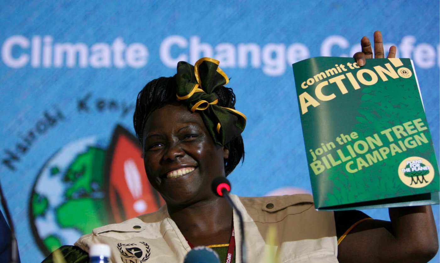 Wangari Maathai speaking at a UN climate change conference