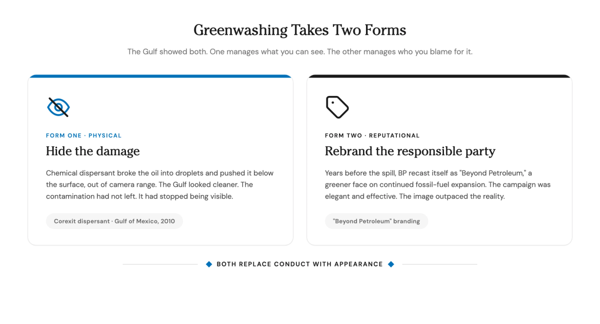 Diagram of the two forms of greenwashing: physical (hiding the damage, as chemical dispersant did in the Gulf) and reputational (rebranding the responsible party, as BP did with "Beyond Petroleum"). Both replace conduct with appearance