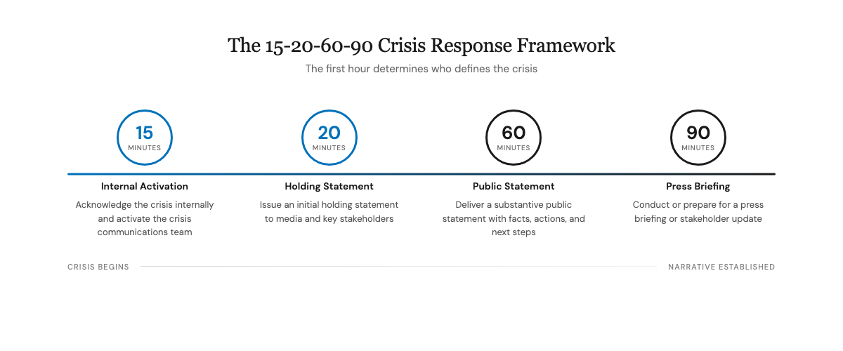 The 15-20-60-90 crisis communications framework showing four response milestones: activate team at 15 minutes, holding statement at 20, substantive statement at 60, and press briefing at 90 minutes