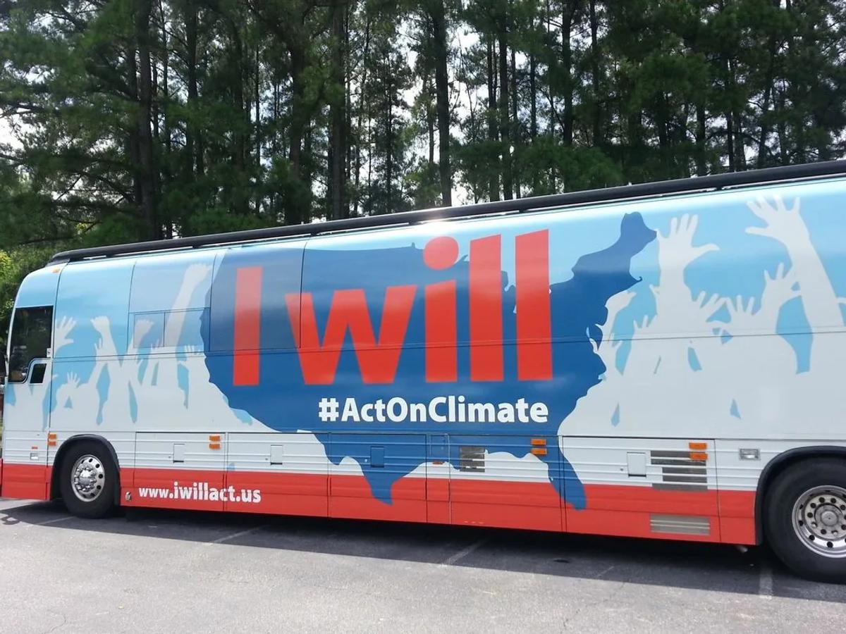 The "I Will" Act on Climate tour bus that carried local business, faith, and public-health voices across 30 states.