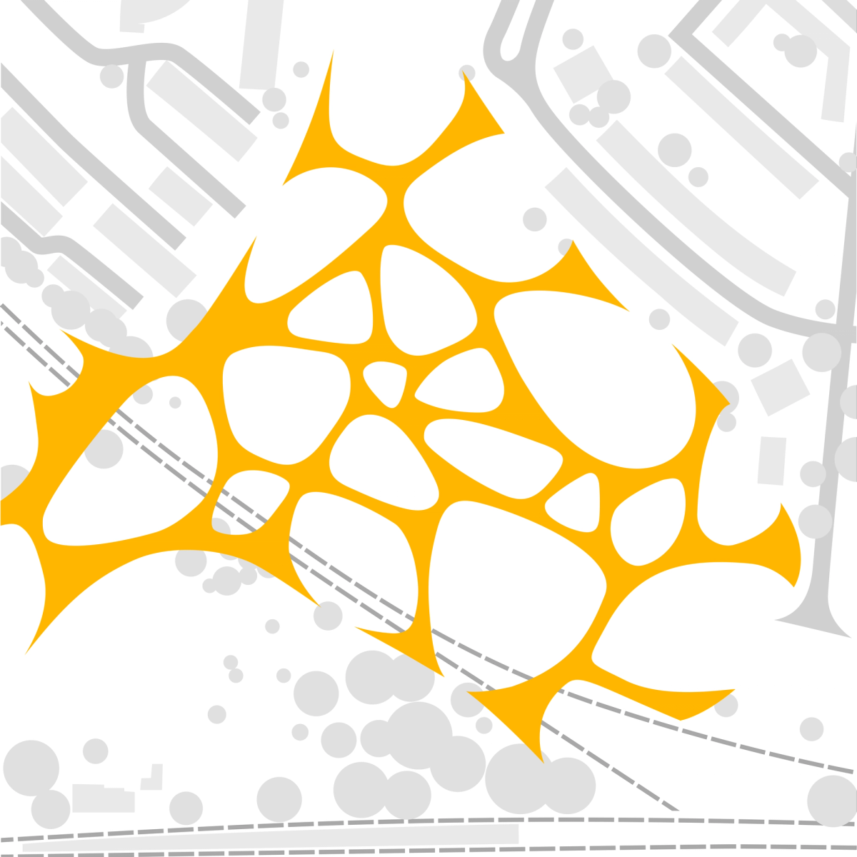 Pedestrian overpasses seamlessly connect, forming a hill with organic cutouts.