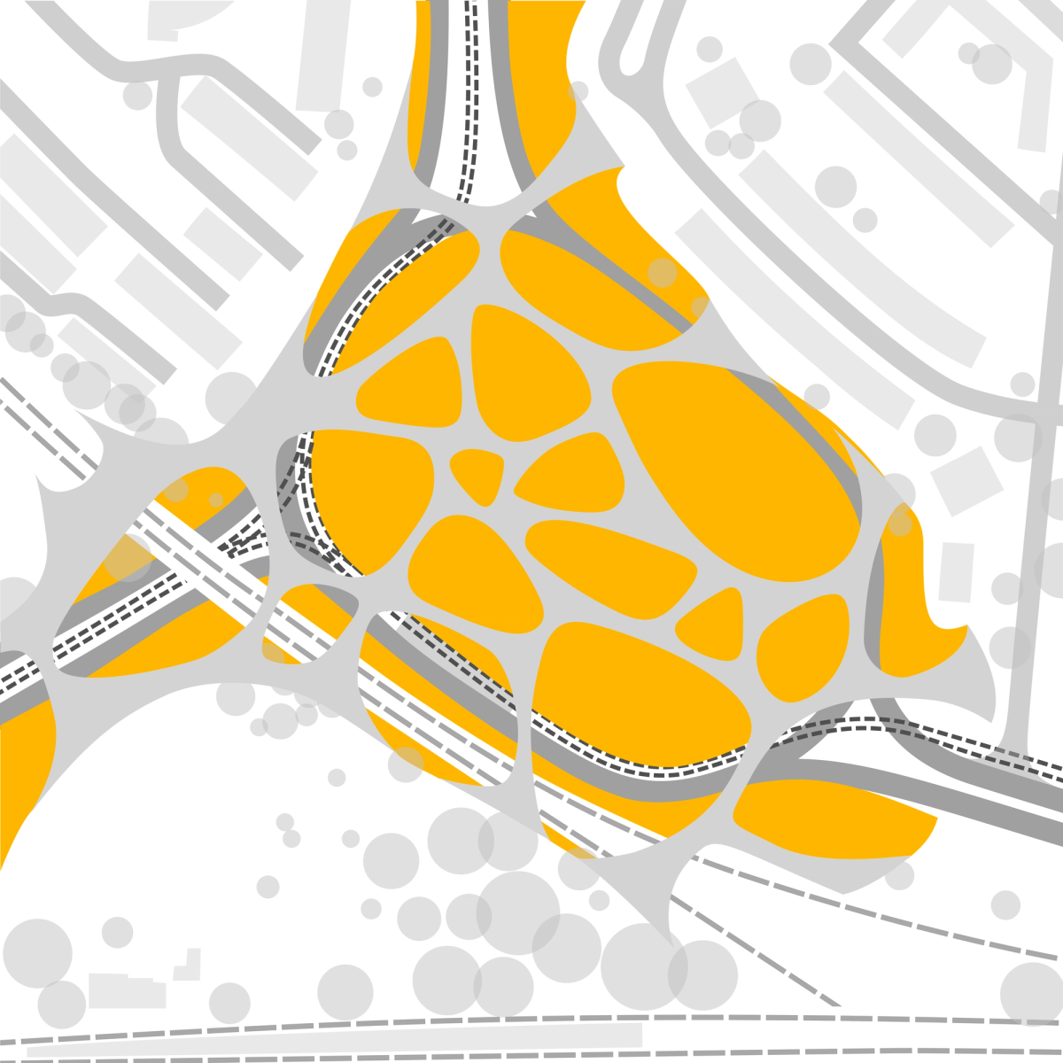 Car, tram, and rail traffic is separated from pedestrian movement through terrain shaping and routing roads between embankments.
