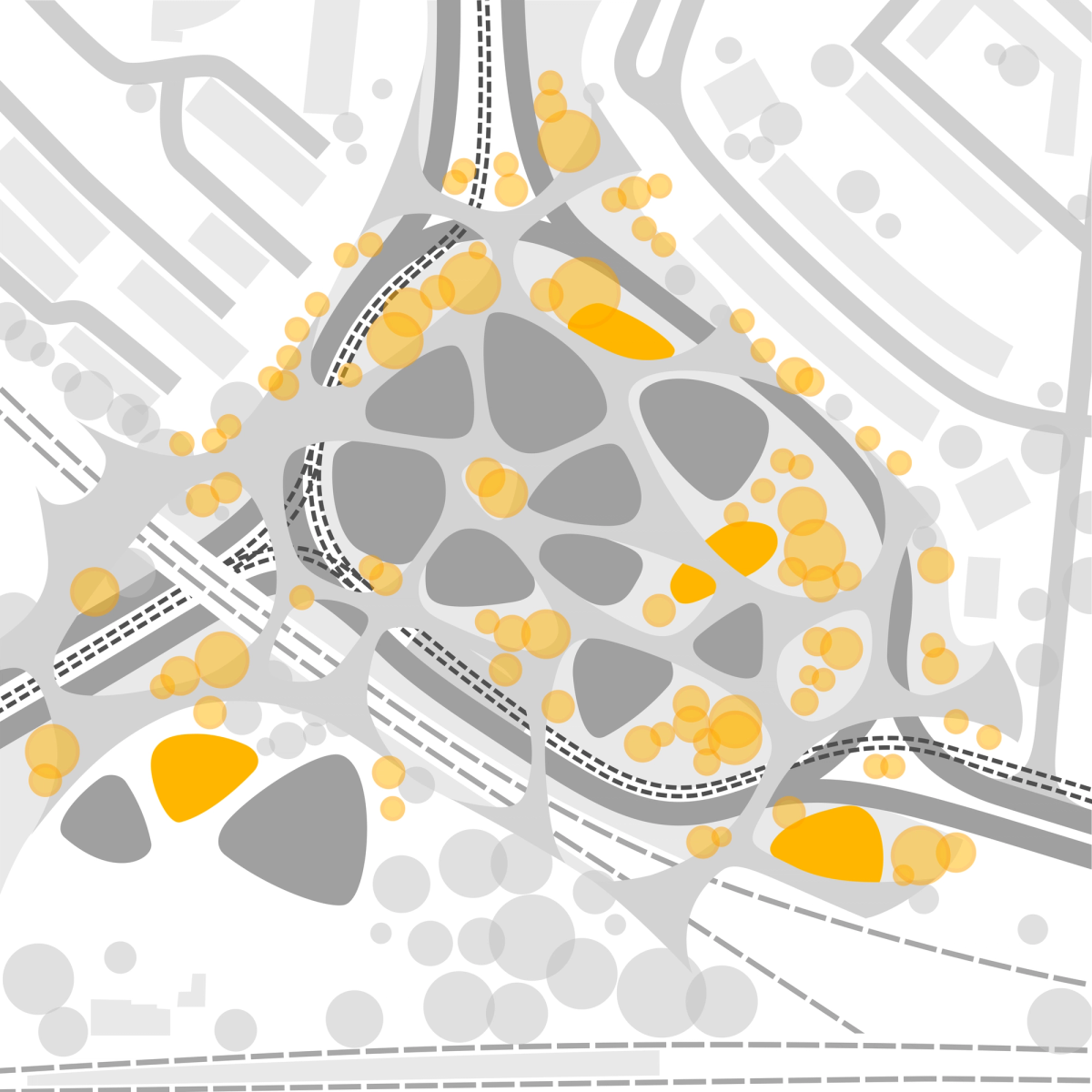 Other openings in the hill accommodate green spaces, retention basins, and meeting places for residents.