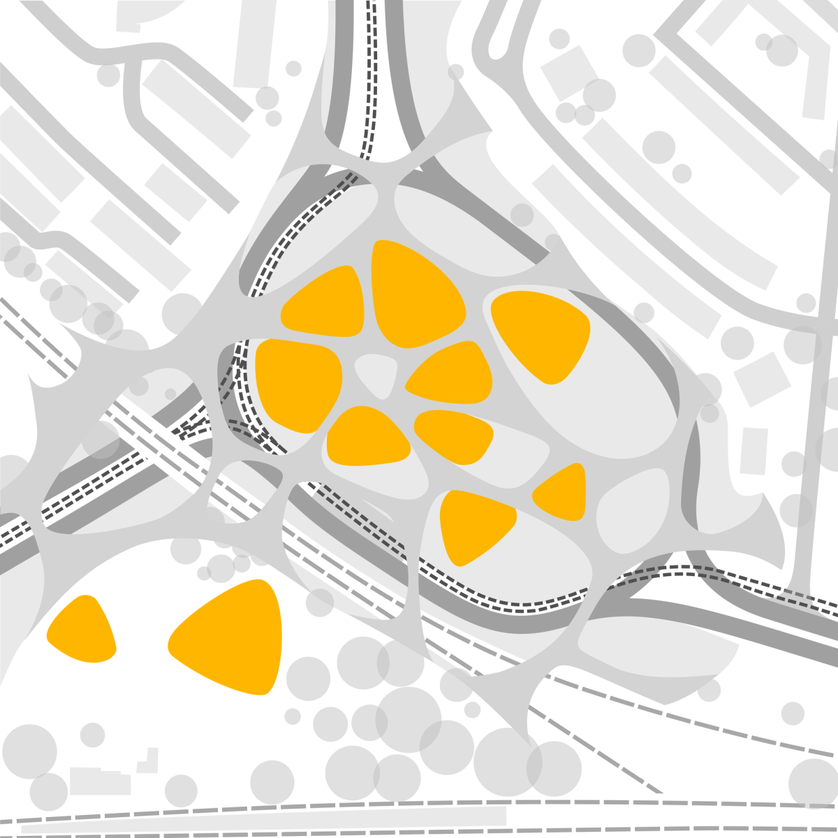 Buildings rise from some of the cutouts.