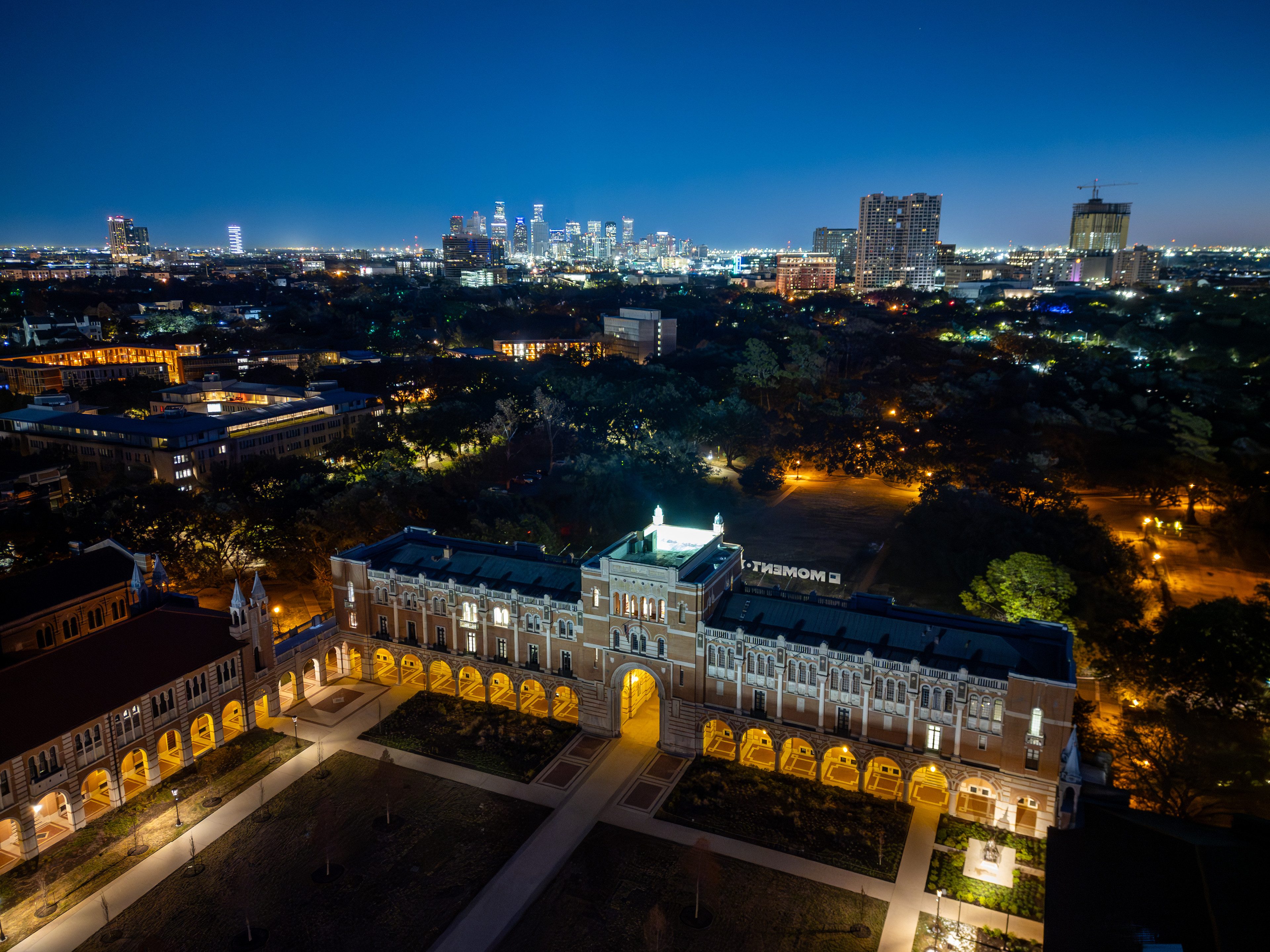 Rice University and the Houston skyline at night