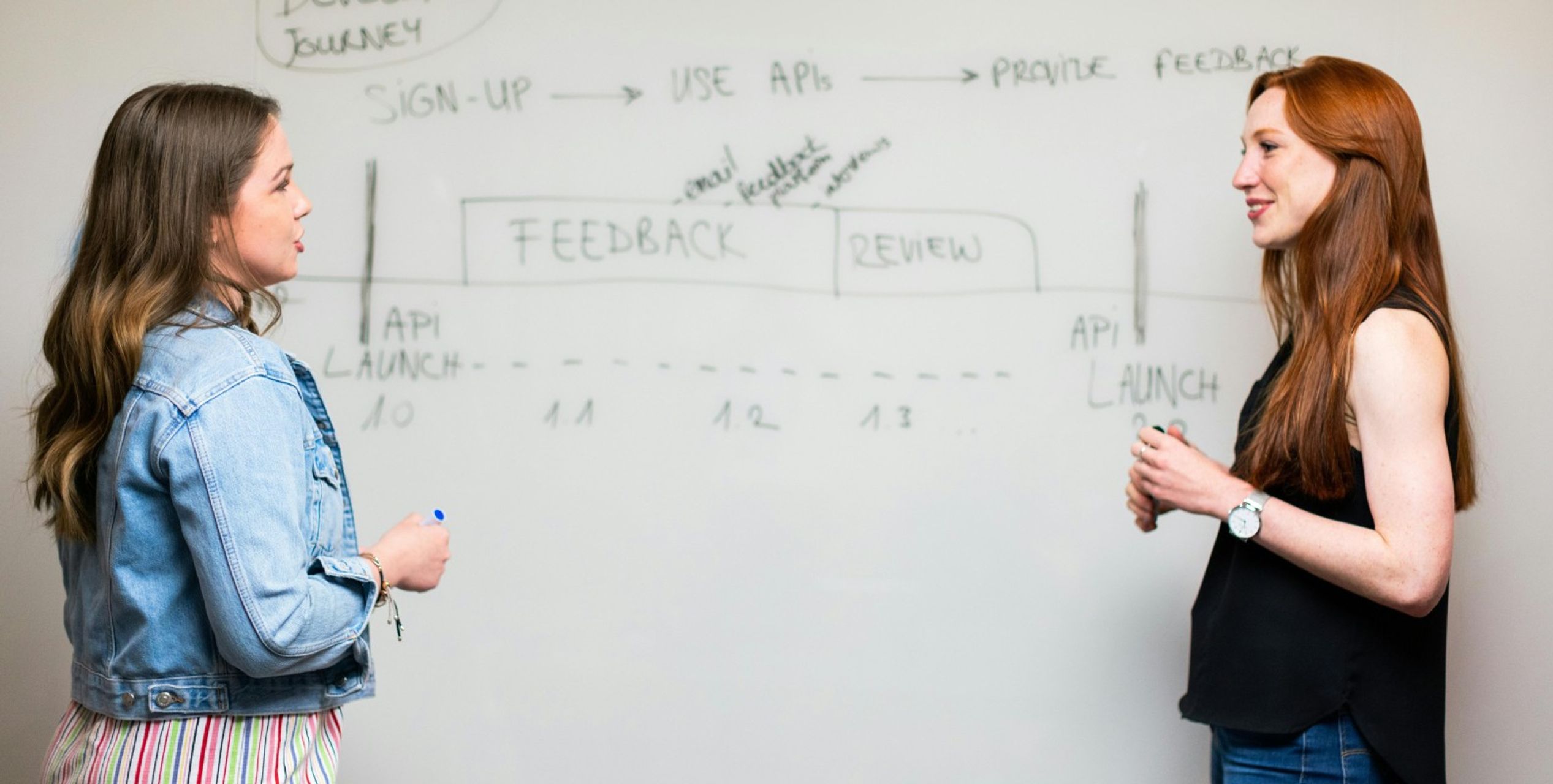 Zwei Frauen stehen vor einer Tafel mit einer Auswertung. Auf der Tafel sind unter anderem die Wörter Feedback und Review zu lesen.
