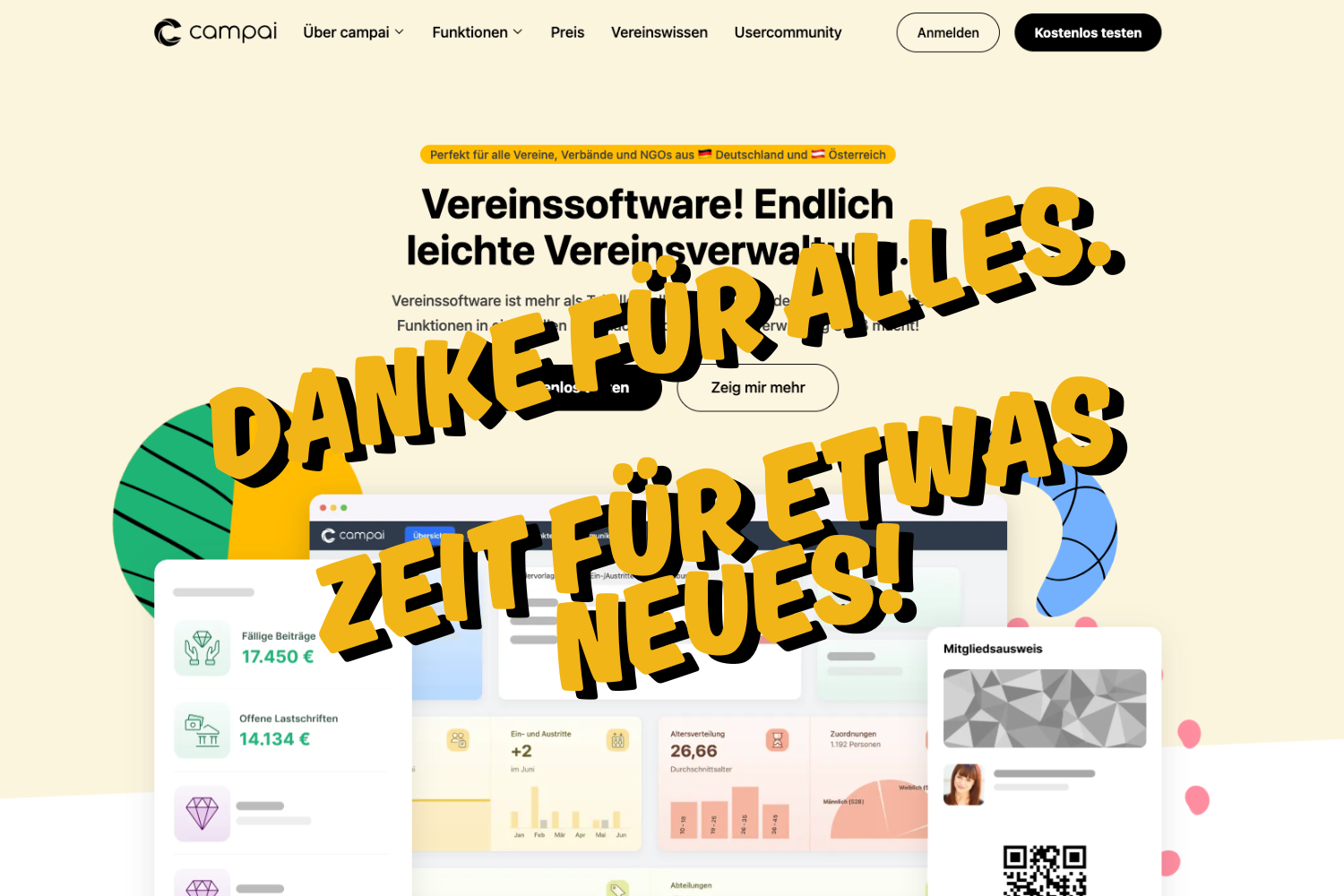 Darstellung der bisherigen campai Website mit der Schrift: Danke für alles. Zeit für etwas Neues!