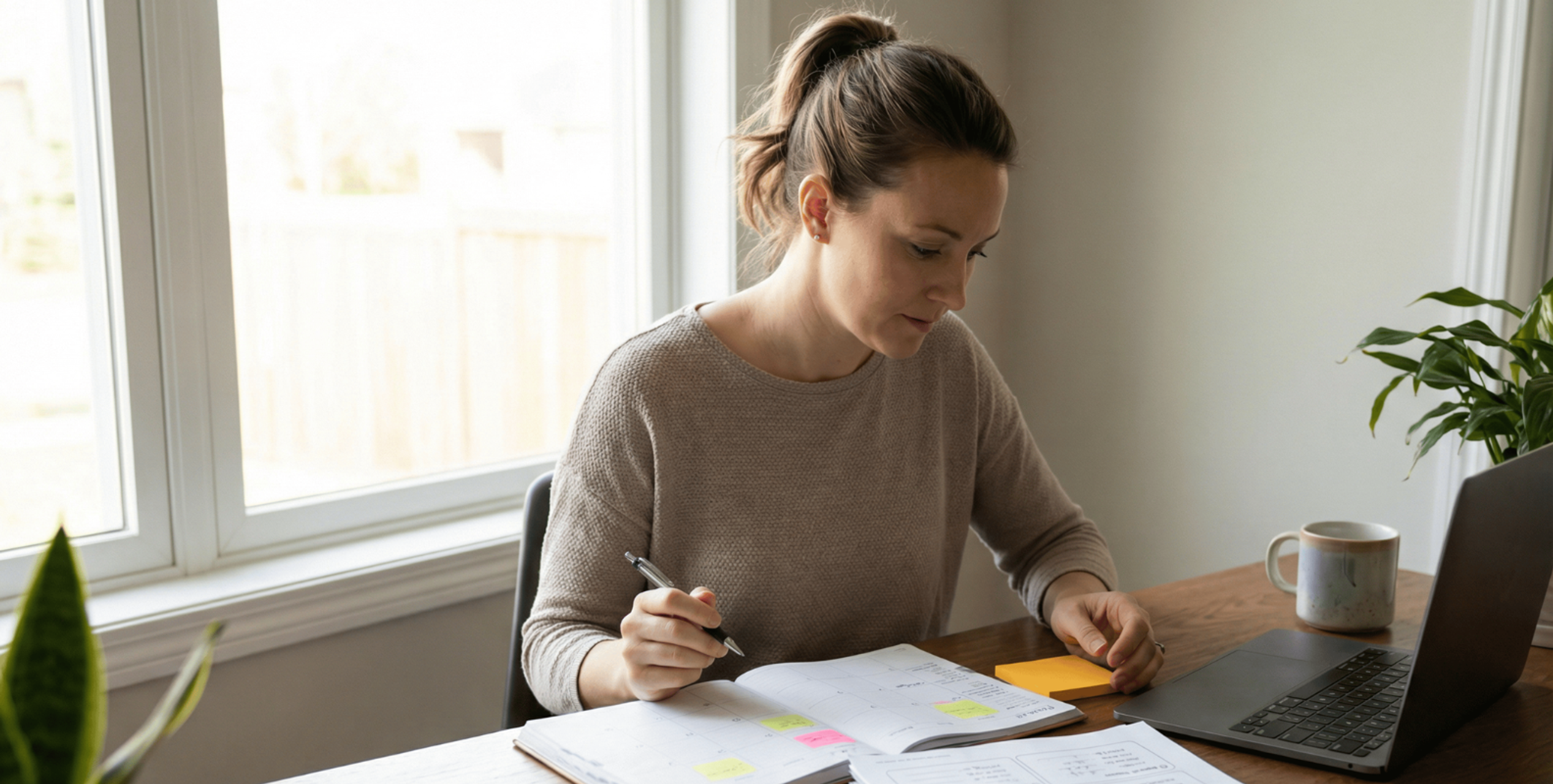 Eine Frau sitzt am Schreibtisch und trägt Notizen in einen Kalender