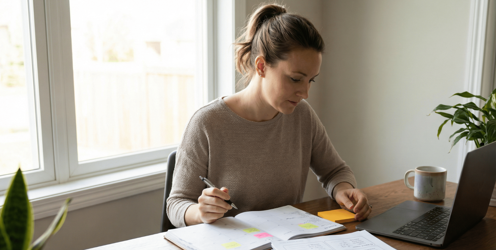 Eine Frau sitzt am Schreibtisch und trägt Notizen in einen Kalender