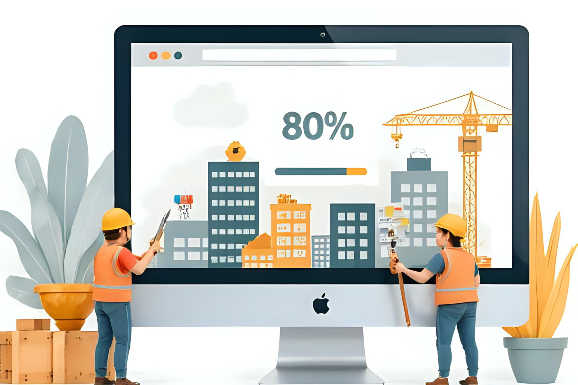 Neue Website im Aufbau: Illustration zeigt moderne Website mit 80 % Fortschritt, Bauarbeiter-Icons und Baukräne, die an Design und Inhalten arbeiten.