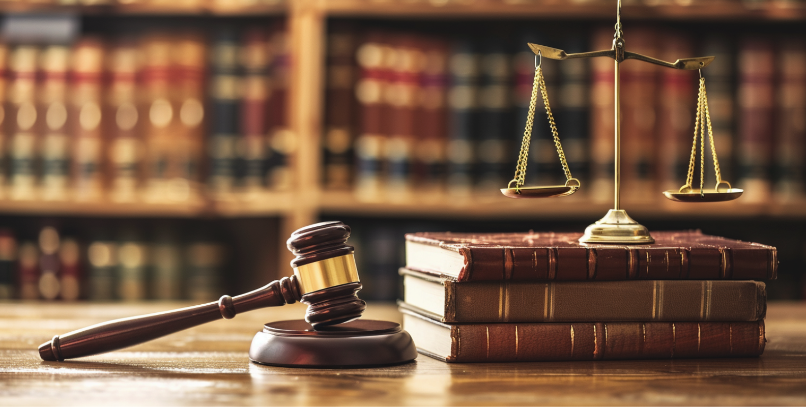 Ein hölzerner Richterhammer, eine Waage der Gerechtigkeit und ein Stapel Gesetzbücher
