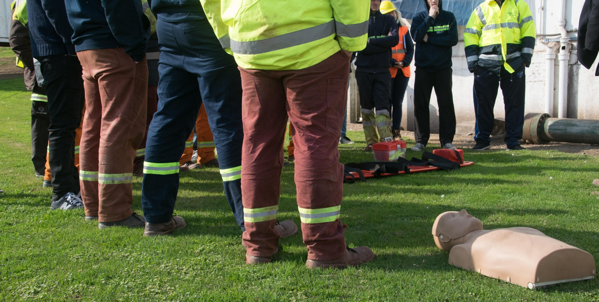 Personengruppe in Sicherheitskleidung steht auf einer Wiese während eines Erste-Hilfe-Trainings. Eine Übungspuppe liegt auf dem Rasen.