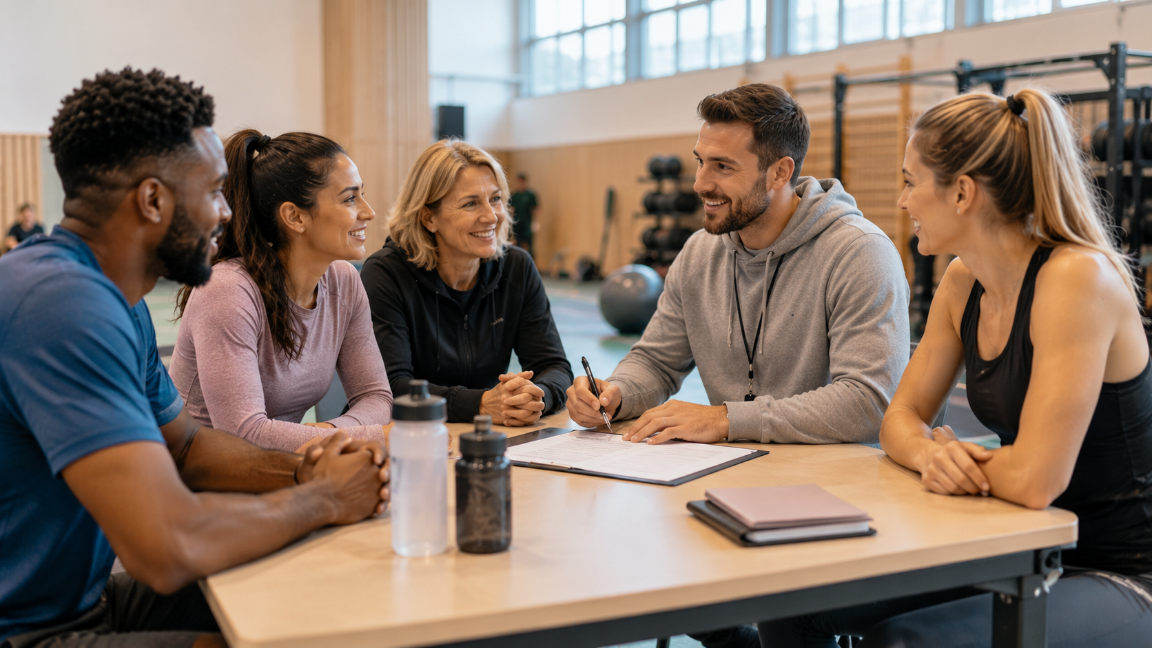 Übungsleitervertrag im Verein wird in einer Sporthalle gemeinsam besprochen.