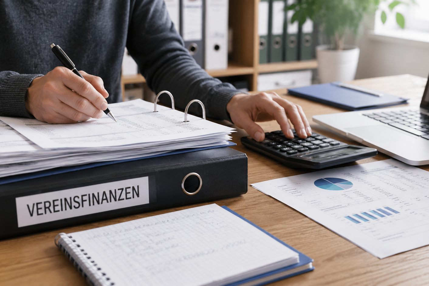 Mann bearbeitet Vereinsfinanzen am Schreibtisch