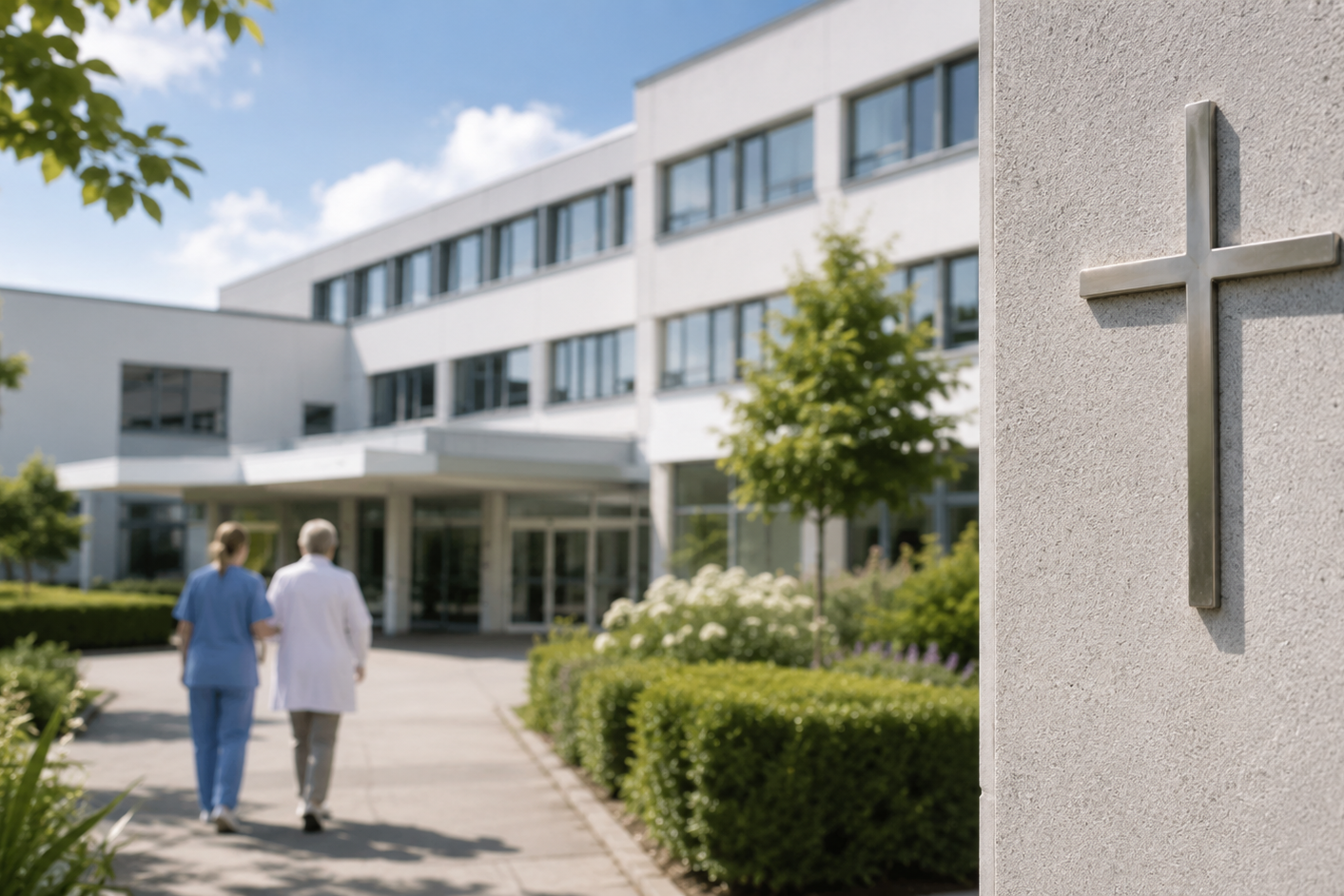 Vorhof eines kirchlichen Krankenhauses mit Arzt und Pflegekraft