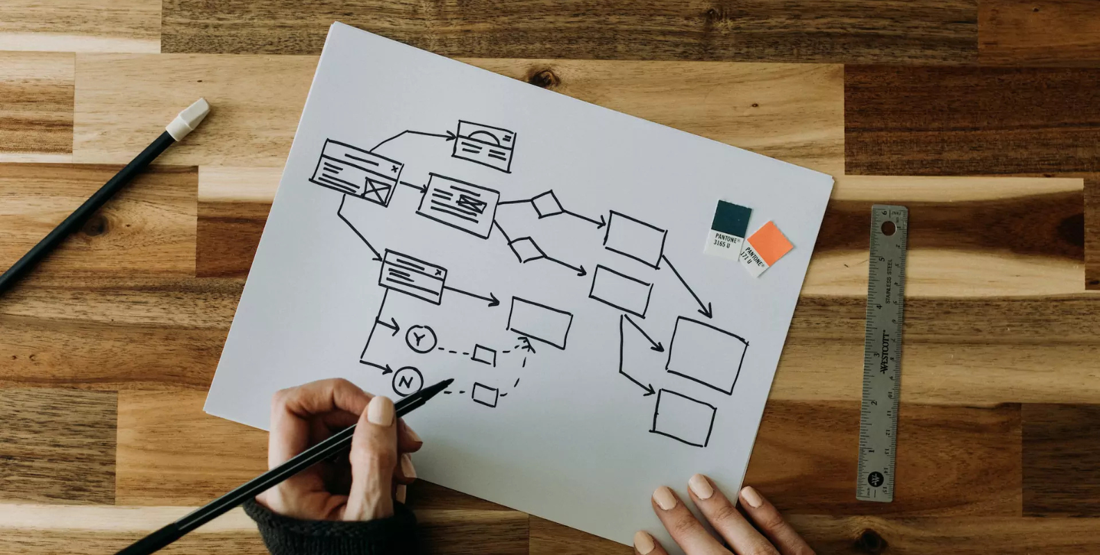 Skizze eines Werbeplakats auf einem Tisch mit Stift und Lineal