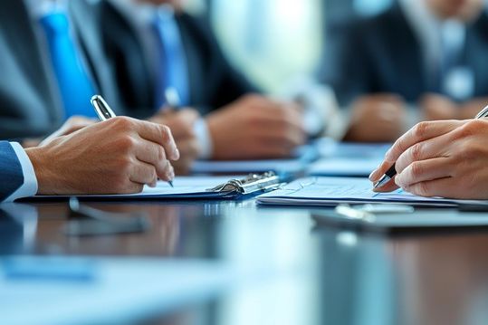 Männer und Hände die Stifte festhalten und Dokumente liegen auf dem Tisch