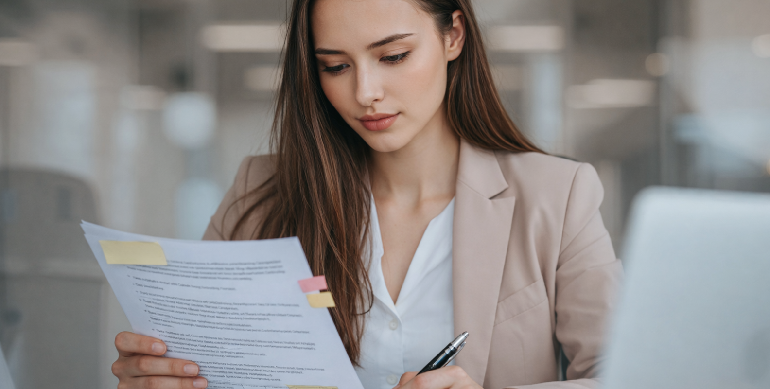 Eine Frau lest sich Unterlagen durch