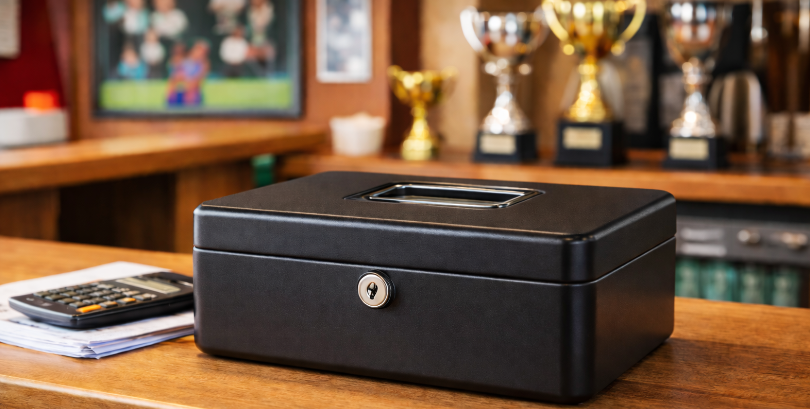 Kasse auf einem Tresen, Taschenrechner, Pokale