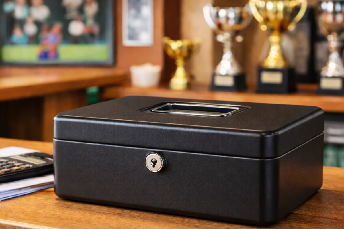 Kasse auf einem Tresen, Taschenrechner, Pokale