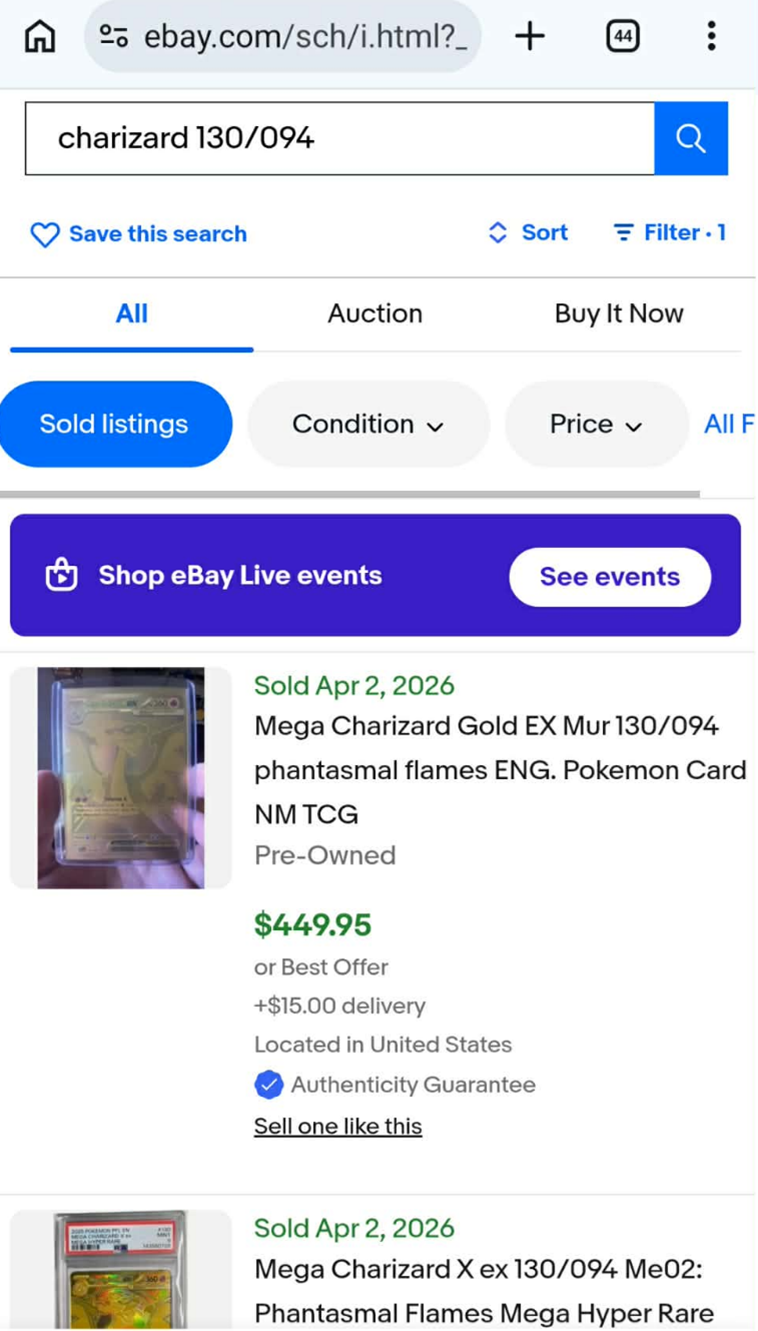 Utklipp fra E-bay- søk etter kort