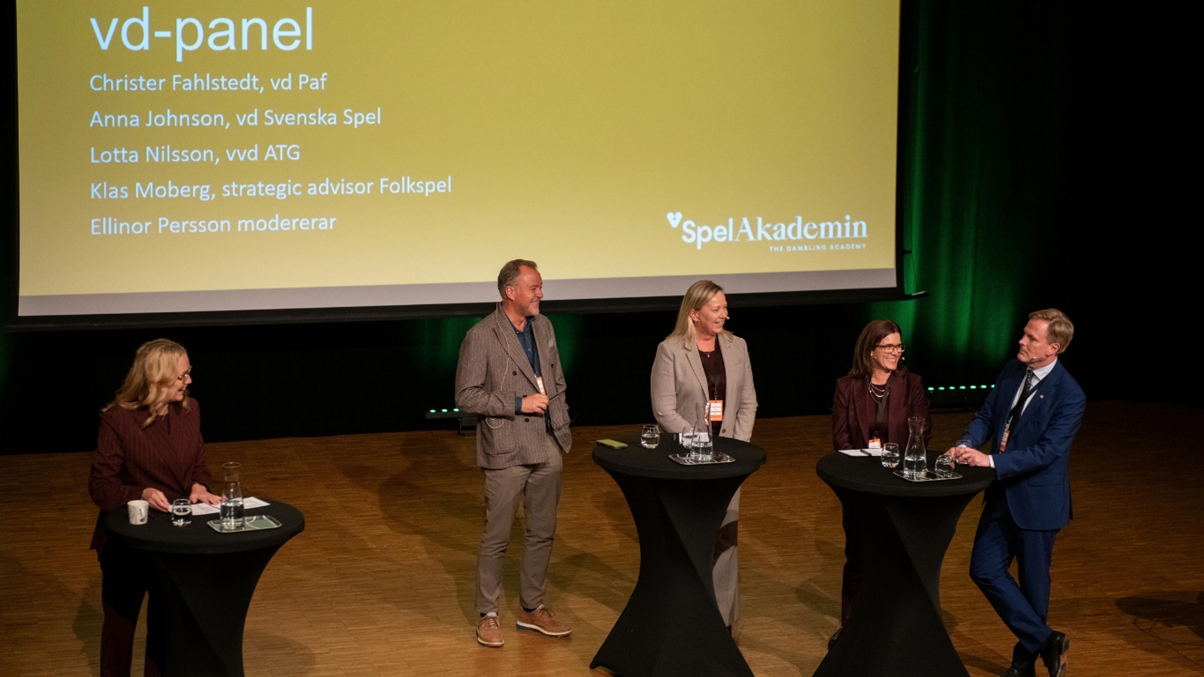 CEO panel with Christer Fahlstedt from Paf, Anna Johnson from Svenska Spel, Lotta Nilsson from ATG and Klas Moberg from Folkspel at SpelAkademin 2026 in Mariehamn.