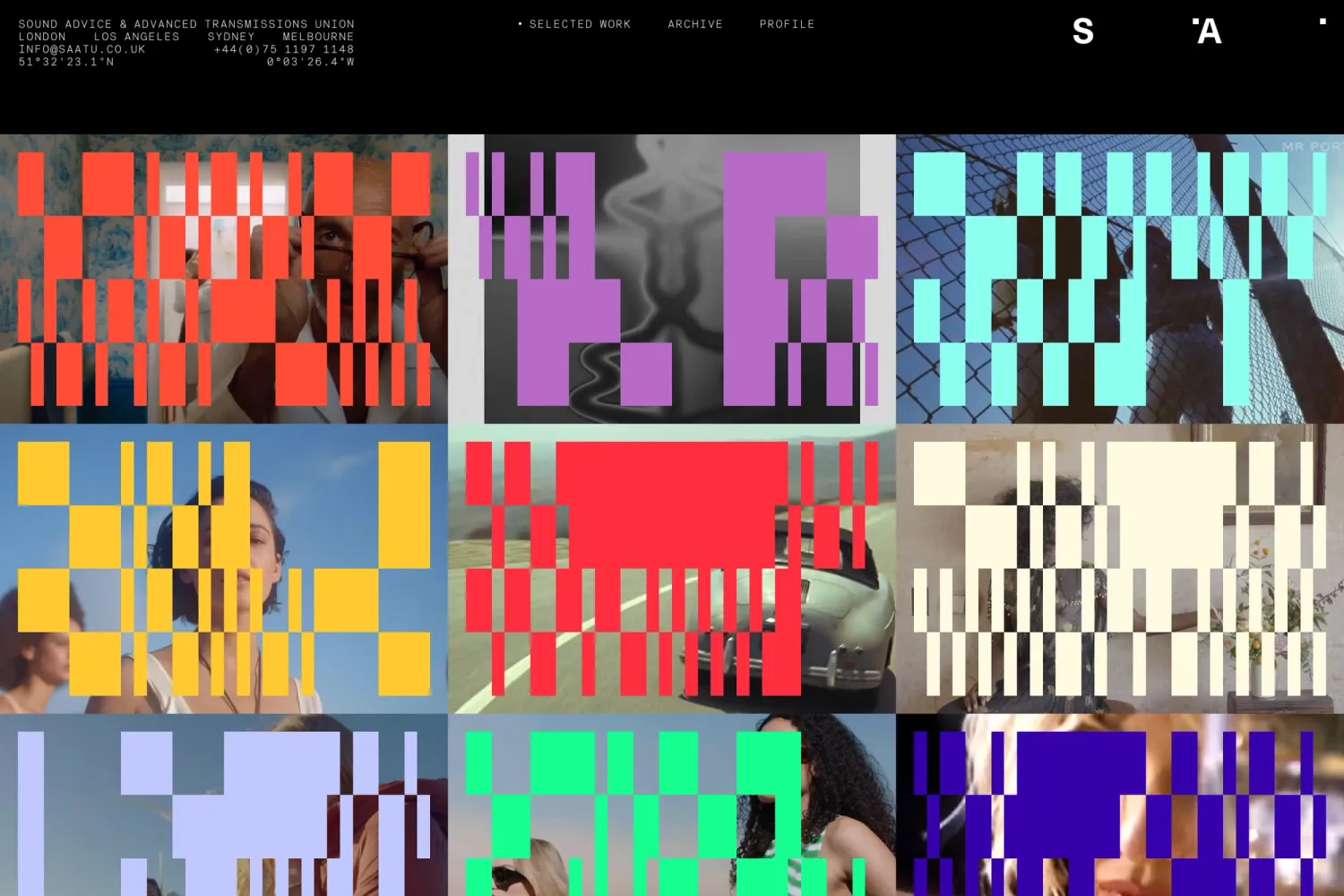 Homepage of SAATU's (Sound Advice & Advanced Transmissions Union) sound designer portfolio, showcasing their algorithmic identity and unique barcode branding system.