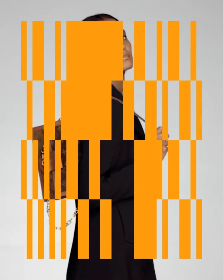 Example of a SAATU generative barcode pattern overlaid on a video project, demonstrating the integration of their unique branding across media.