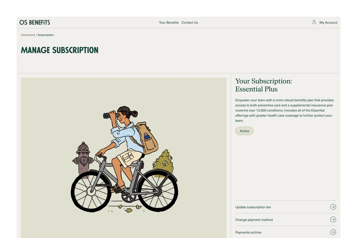 Manage Subscription screen on the OS Benefits platform, where employers can adjust plans, add/remove employees, and see prorated charges, powered by Stripe Elements and Laravel Cashier.