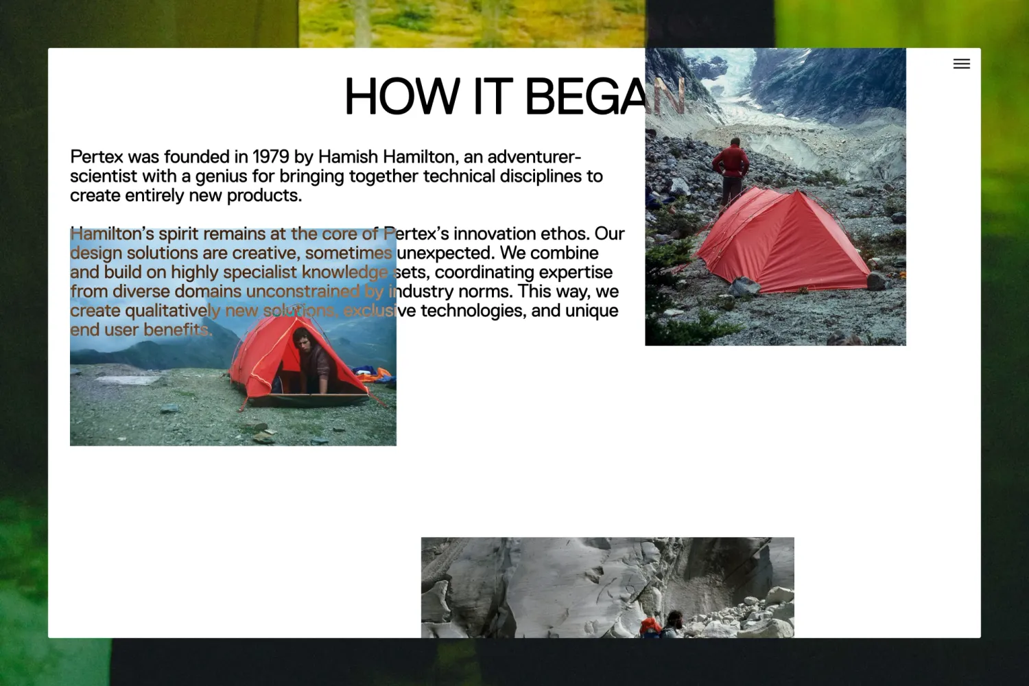 Parallax scrolling effect on the Pertex website, where images move at a different speed than text to create depth and an immersive browsing experience.