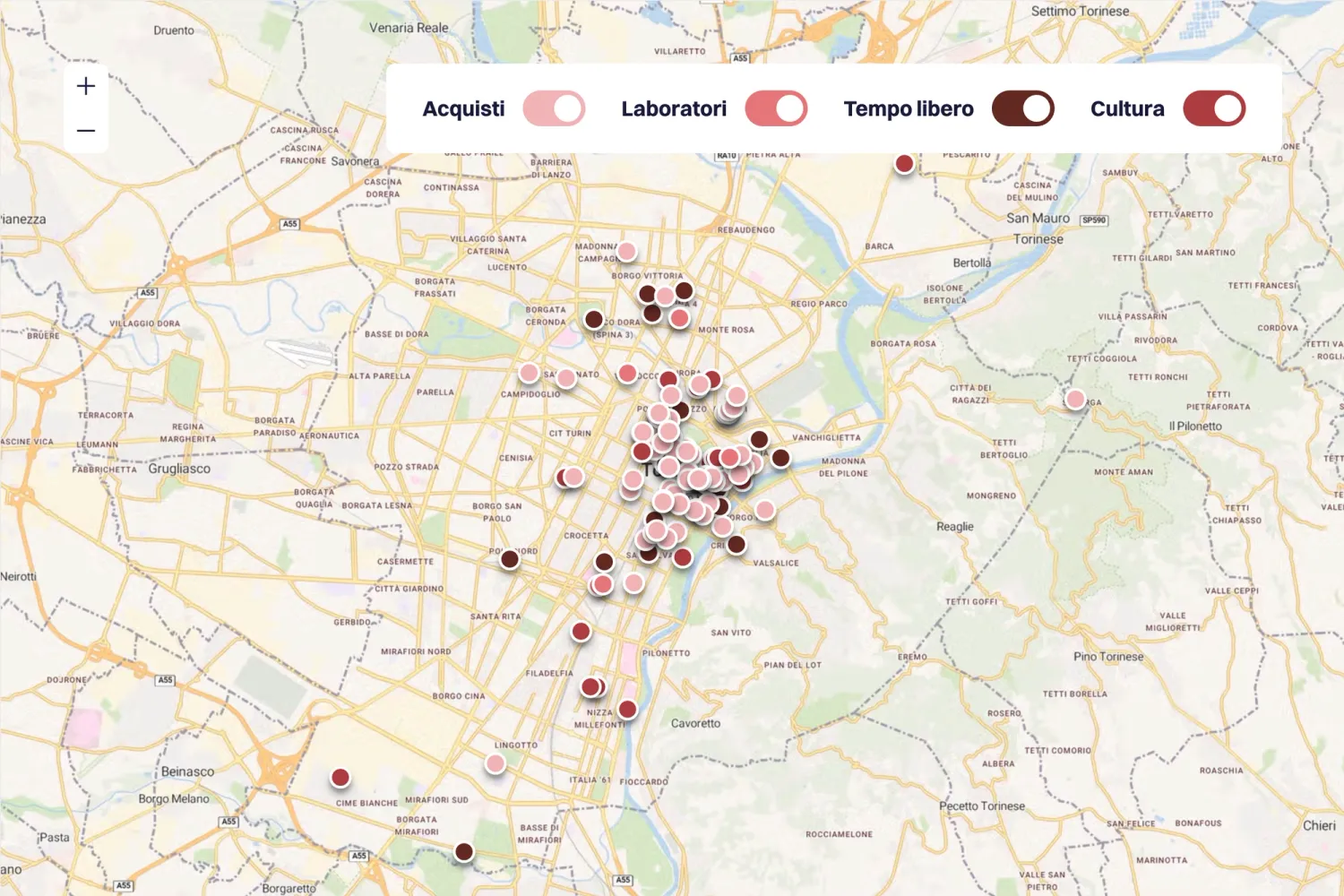 Interactive map on the TTP website displaying design-related resources in Torino and surroundings, with filters by type, utilizing geographic coordinates and Meilisearch for spatial context.