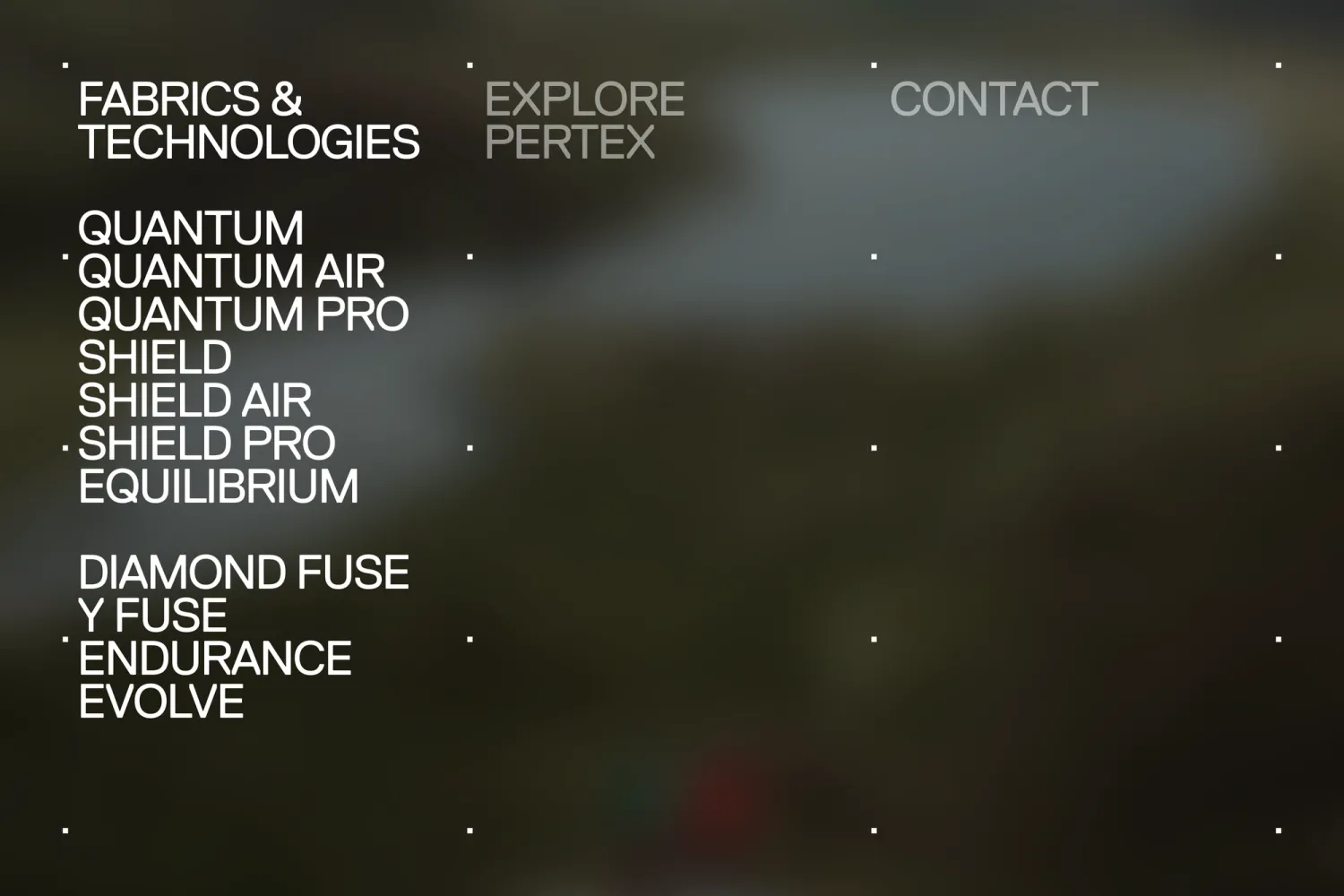 Full-page menu navigation on the Pertex website, designed for intuitive exploration of their high-performance fabric technologies and brand heritage.