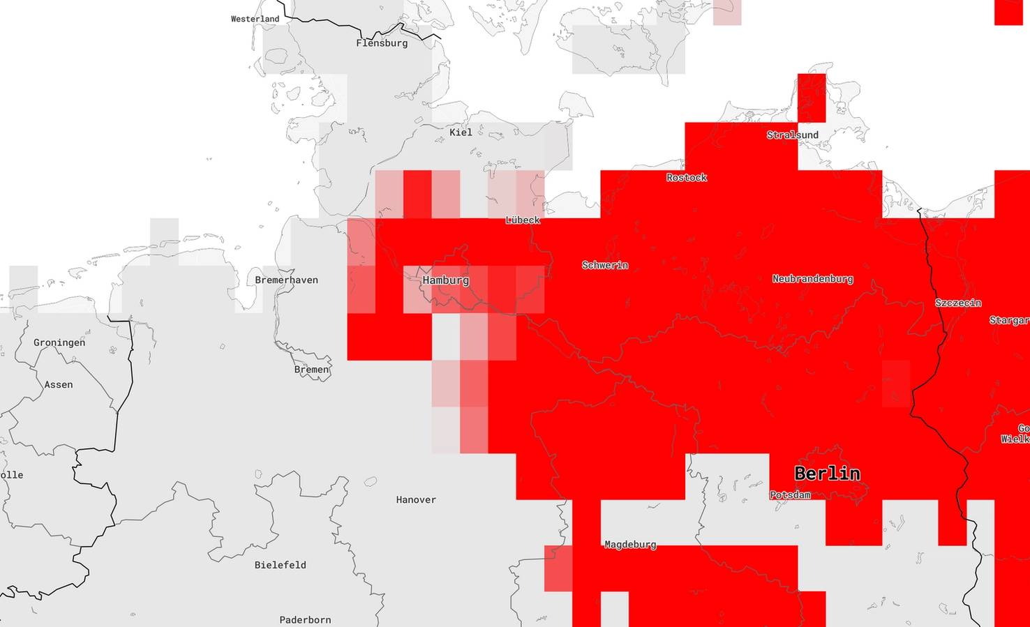 Example of a fire hazard data layer visualized on a Mapbox map within the E3CI platform, showcasing specific climate event representation.