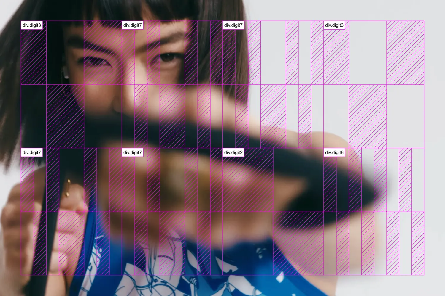 Diagram illustrating the frontend construction of SAATU's generative barcodes, showing how an eight-digit number maps to graphic patterns assembled in a 4x2 grid using divs.