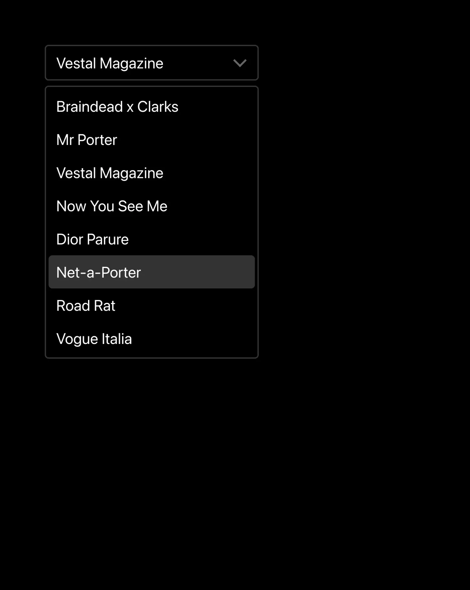 Animation of the project selection dropdown in the internal branding tool developed for SAATU and Systems Studio, used to generate custom visuals from project barcodes.