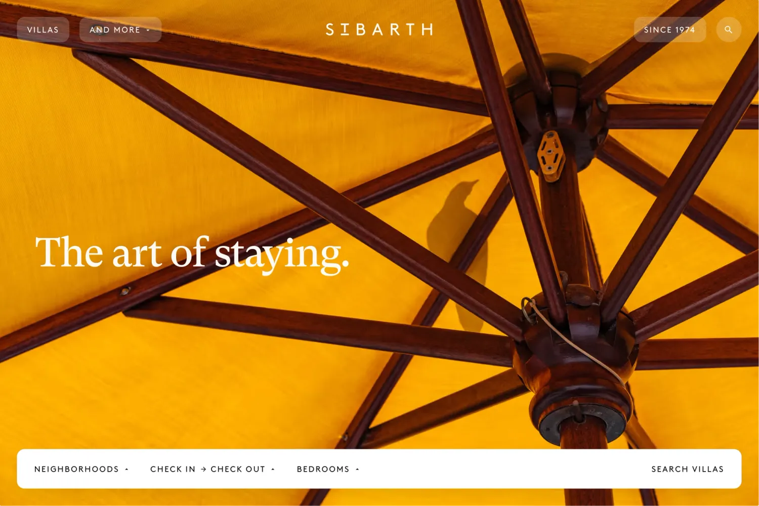 * Homepage of the Sibarth luxury villa rental website, showcasing the refined brand identity and intuitive booking interface
