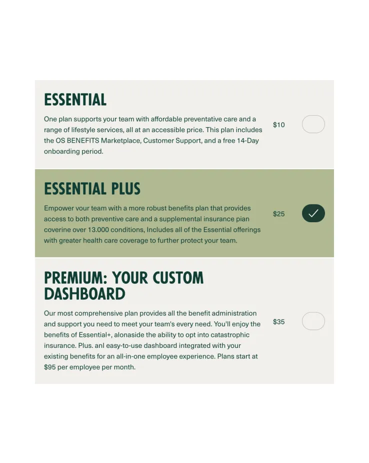Tier selector interface on the OS Benefits platform, where hospitality owners choose their desired employee perks subscription plan.