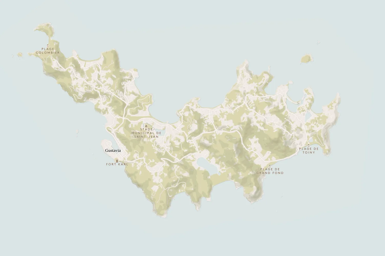Custom Mapbox map on the Sibarth website, styled using brand identity colors and restricted to the island of Saint-Barthélemy