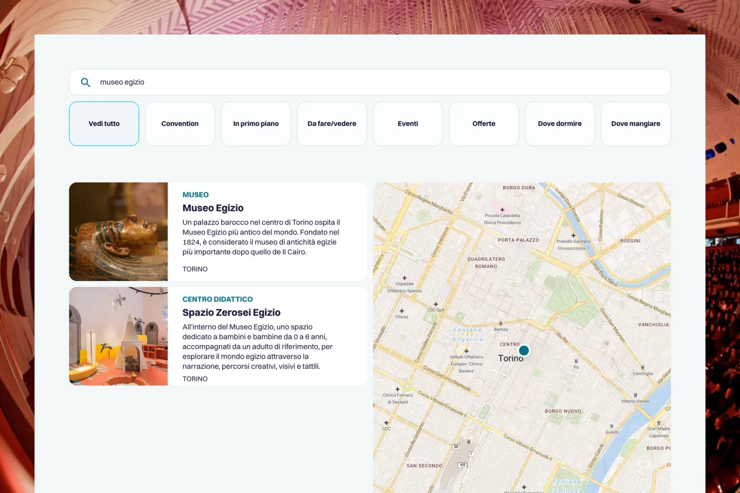 Example of a real-time search result for 'Museo Egizio' on the TTP website, powered by Meilisearch for accurate and instant discovery of points of interest in Torino.