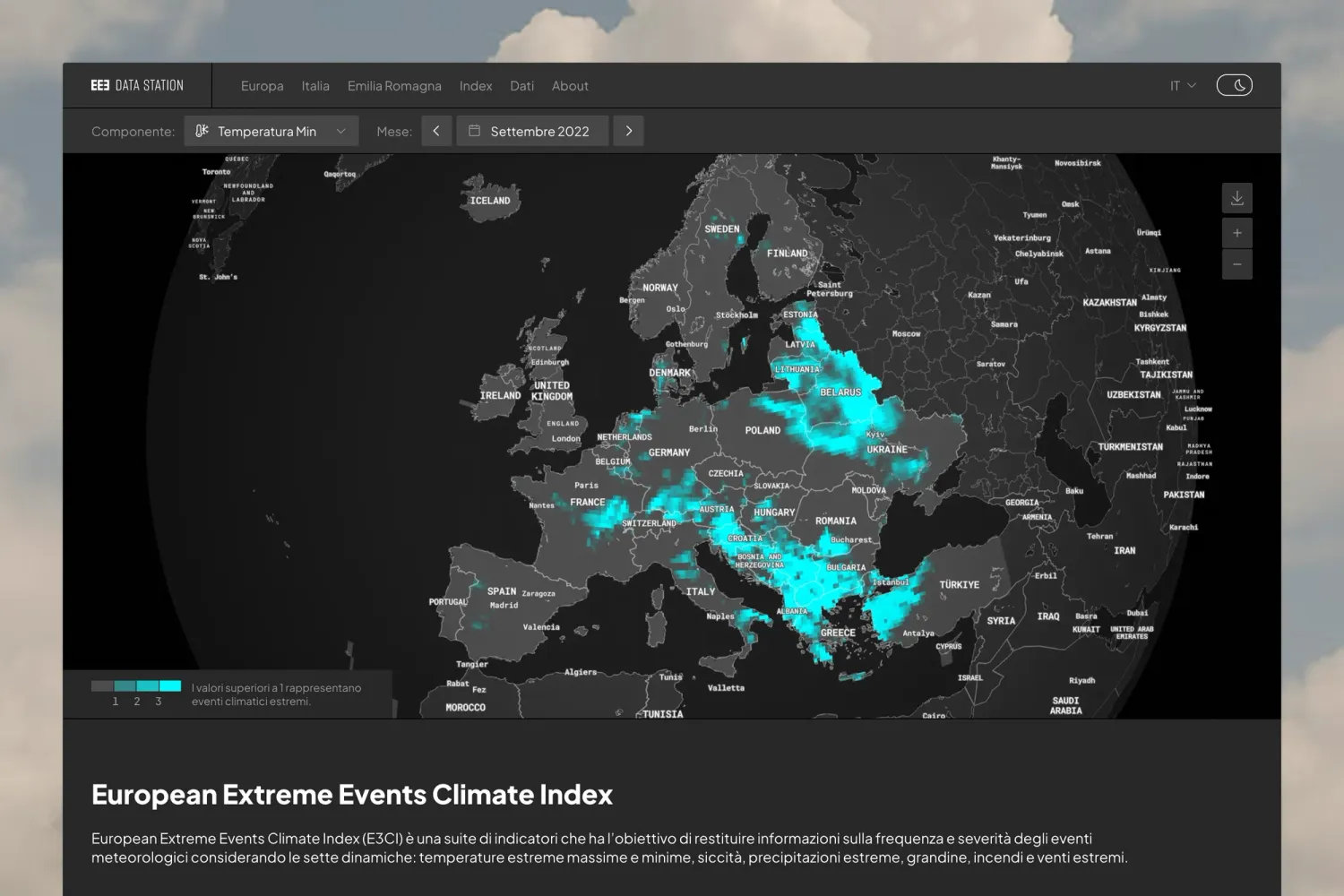 Homepage of the E3CI (European Extreme Events Climate Index) platform, showcasing accessible and explorable climate data visualizations for European countries.