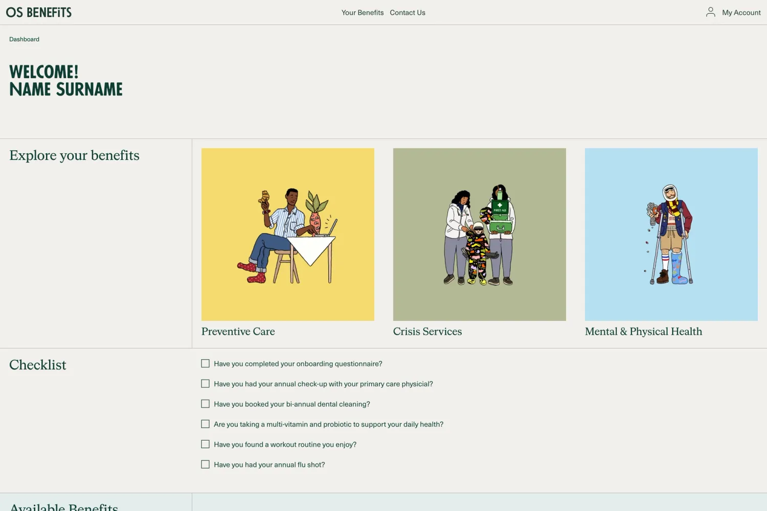Personalized employee dashboard on the OS Benefits platform, displaying available perks and how to redeem them for a straightforward user experience.