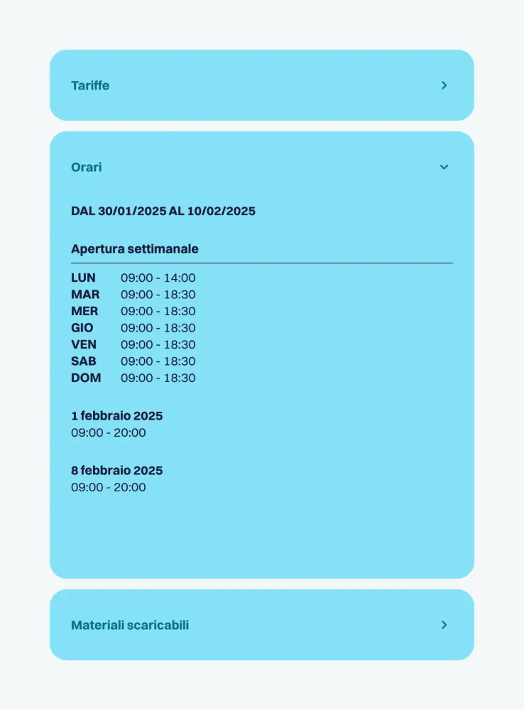 Screenshot of an Opening Times dropdown menu for a resource on the TTP website, providing detailed and continuously updated information for attractions or businesses.