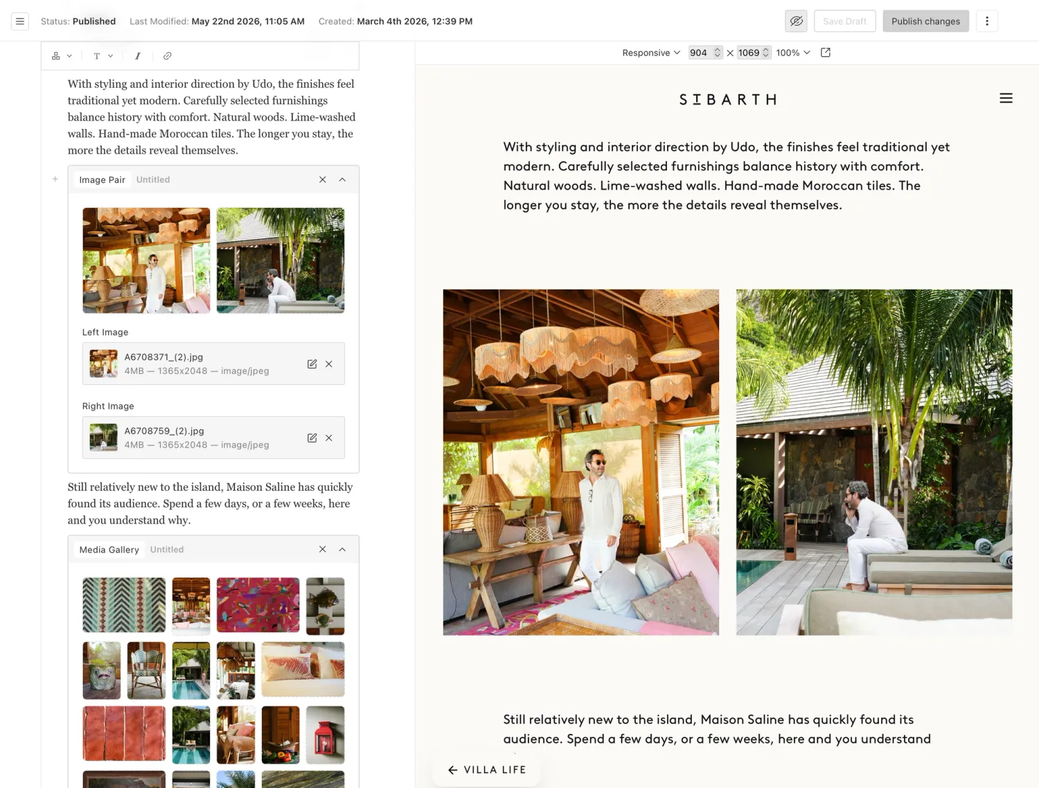 View of the Payload CMS backend interface utilized by Sibarth, featuring custom UI blocks and a real-time live preview of an article