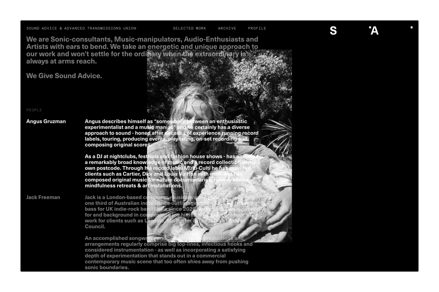 About page of the SAATU online portfolio, detailing their sound design services and the philosophy behind their Systems Studio-designed algorithmic brand identity.