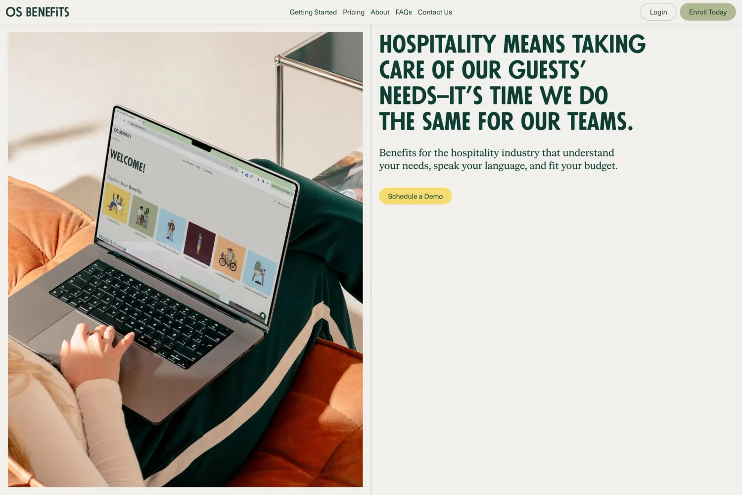 Homepage of OS Benefits, showcasing the streamlined digital experience for hospitality owners to access curated employee perks, designed by Oyster Sunday.
