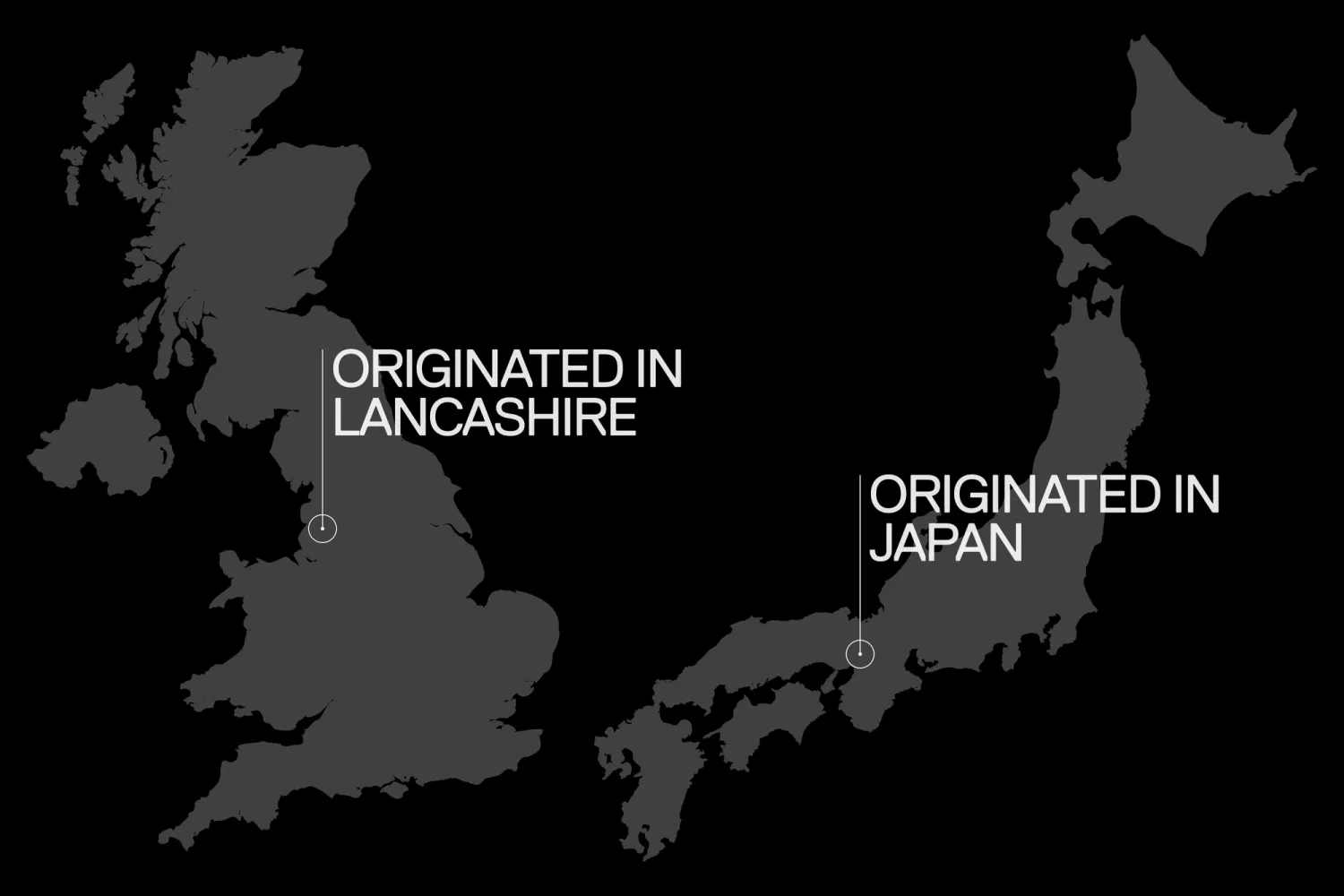 Interactive map of England and Japan on the Pertex website, with origin places appearing on scroll, part of their 'scrollytelling' narrative about brand heritage.