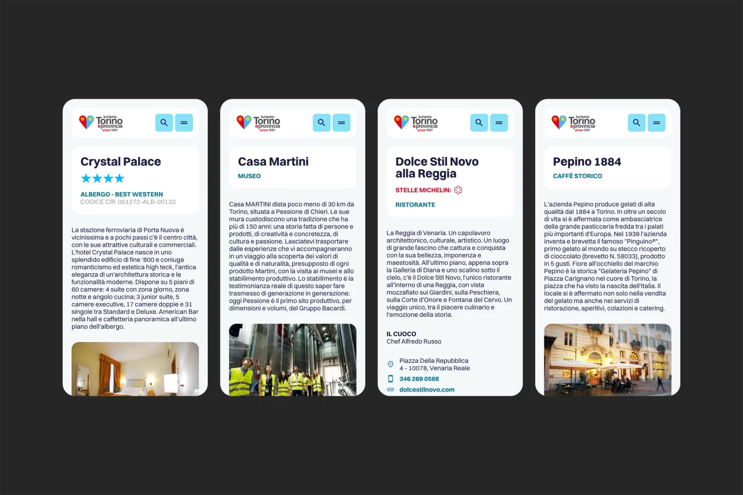Four mobile screens from the TTP website showcasing different resource types – hotels, museums, restaurants, and cafés – demonstrating the platform's mobile responsiveness and comprehensive 'Resources' section.