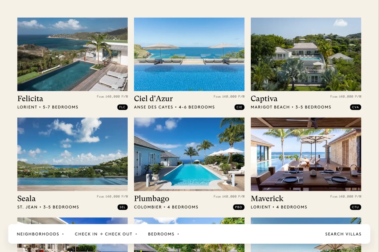 Animated filter bar on the Sibarth Villas page, allowing guests to refine results by location, bedroom count and travel dates