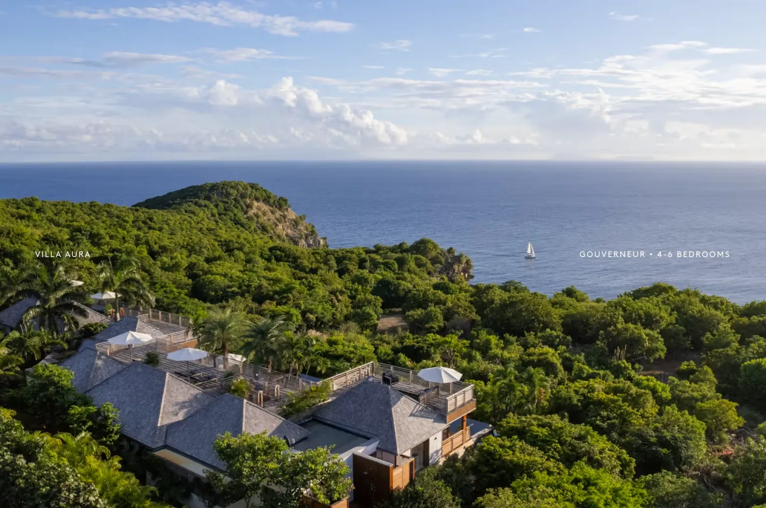 * Aerial bird's eye view of Villa Aura in St. Barth, representing the premium properties available for rent on the Sibarth platform