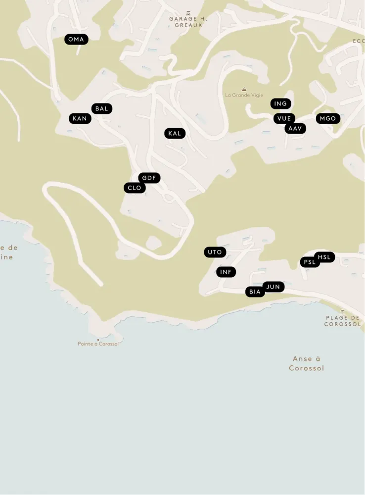 Custom-styled Mapbox interface displaying Sibarth villa locations with specific property codes in St. Barth